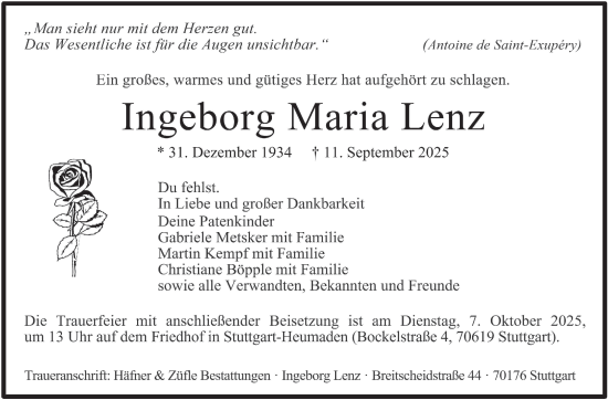 Traueranzeige von Ingeborg Maria Lenz von Stuttgarter Zeitung / Stuttgarter Nachrichten