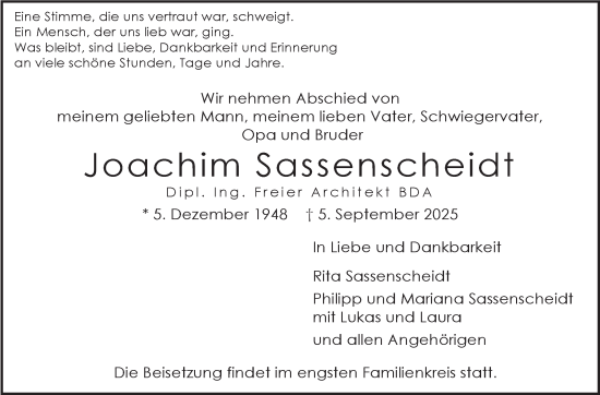 Traueranzeige von Joachim Sassenscheidt von Stuttgarter Zeitung / Stuttgarter Nachrichten