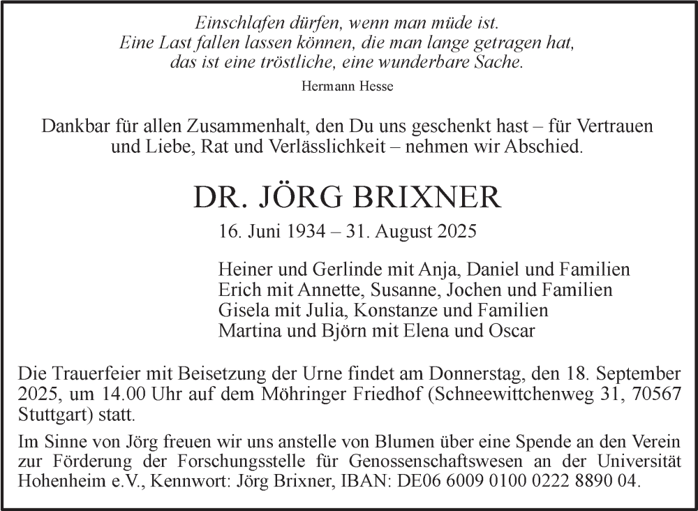  Traueranzeige für Jörg Brixner vom 09.09.2025 aus Stuttgarter Zeitung / Stuttgarter Nachrichten