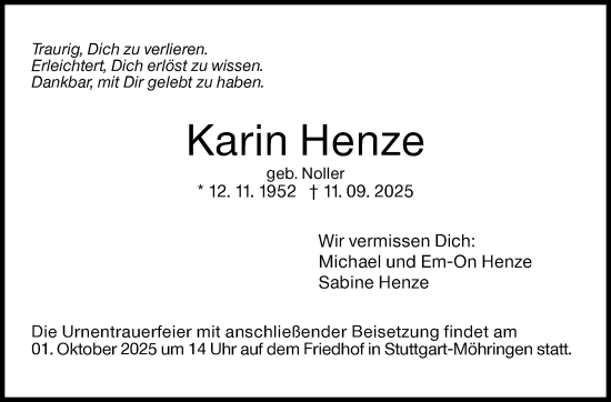 Traueranzeige von Karin Henze von Stuttgarter Zeitung / Stuttgarter Nachrichten