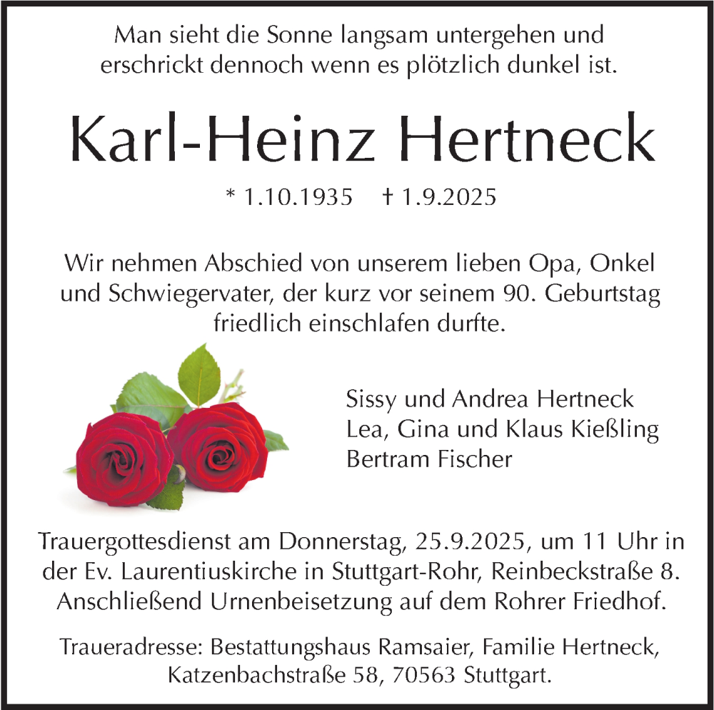  Traueranzeige für Karl-Heinz Hertneck vom 20.09.2025 aus Stuttgarter Zeitung / Stuttgarter Nachrichten