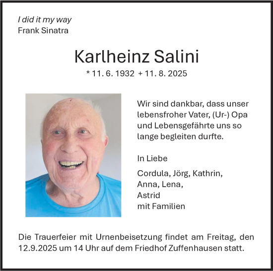 Traueranzeige von Karlheinz Salini von Stuttgarter Zeitung / Stuttgarter Nachrichten