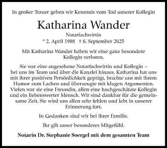 Traueranzeige von Katharina Wander von Stuttgarter Zeitung / Stuttgarter Nachrichten