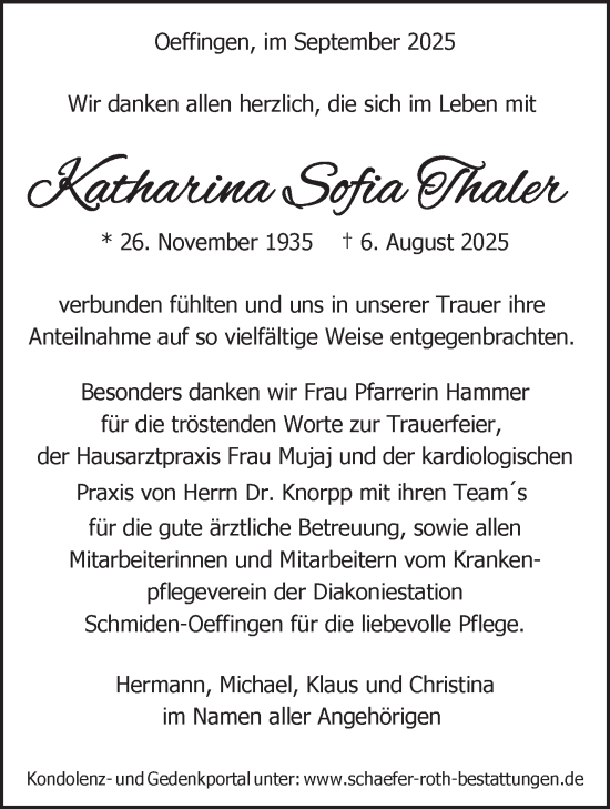 Traueranzeige von Katharina Sofia Thaler von Stuttgarter Zeitung / Stuttgarter Nachrichten