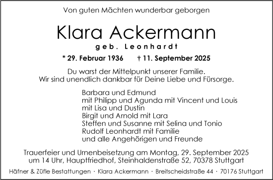 Traueranzeige von Klara Ackermann von Stuttgarter Zeitung / Stuttgarter Nachrichten