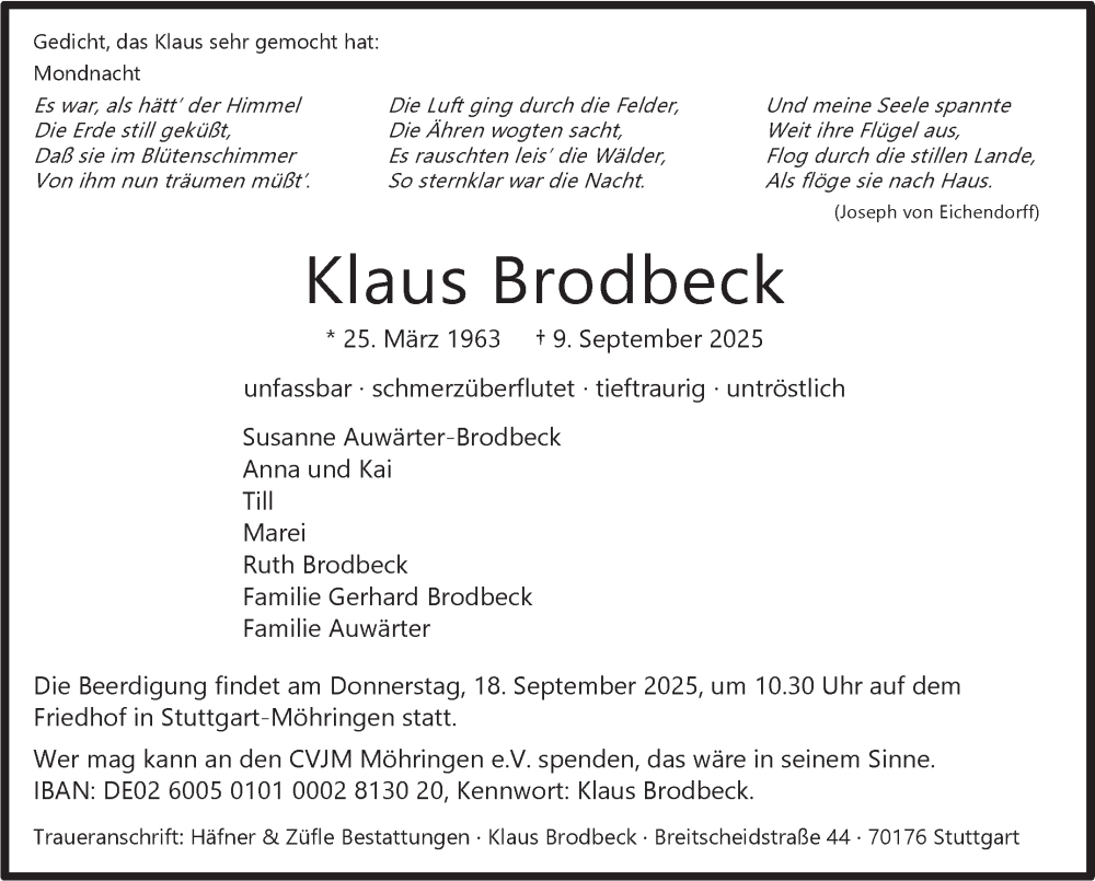  Traueranzeige für Klaus Brodbeck vom 15.09.2025 aus Stuttgarter Zeitung / Stuttgarter Nachrichten