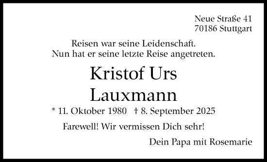 Traueranzeige von Kristof Urs Lauxmann von Stuttgarter Zeitung / Stuttgarter Nachrichten