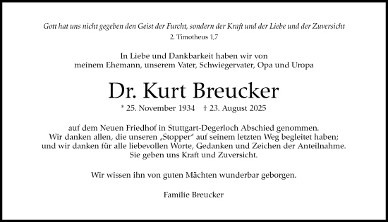 Traueranzeige von Kurt Breucker von Stuttgarter Zeitung / Stuttgarter Nachrichten