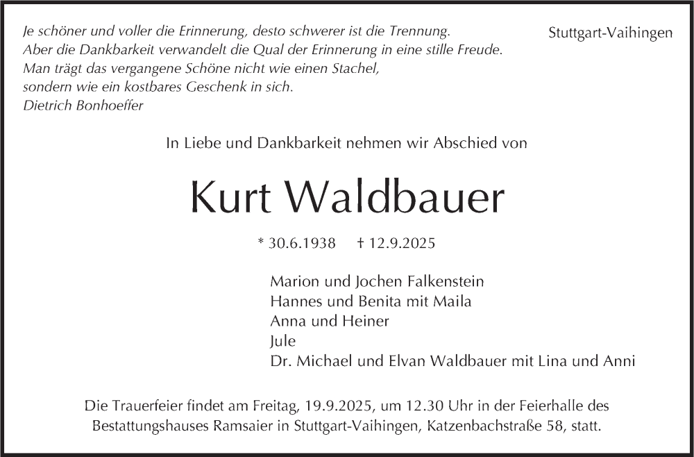  Traueranzeige für Kurt Waldbauer vom 16.09.2025 aus Stuttgarter Zeitung / Stuttgarter Nachrichten