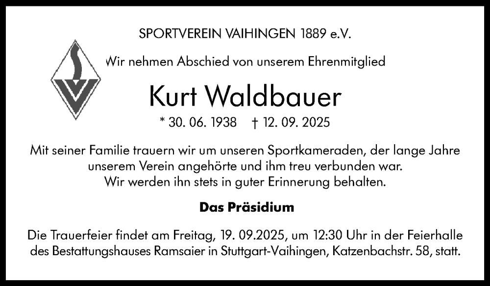  Traueranzeige für Kurt Waldbauer vom 18.09.2025 aus Stuttgarter Zeitung / Stuttgarter Nachrichten
