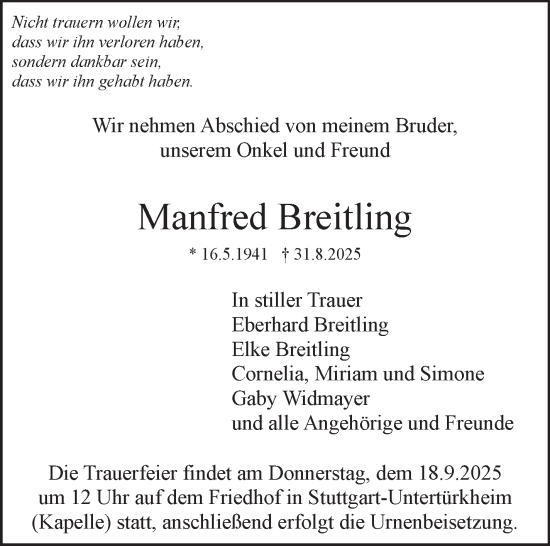 Traueranzeige von Manfred Breitling von Stuttgarter Zeitung / Stuttgarter Nachrichten