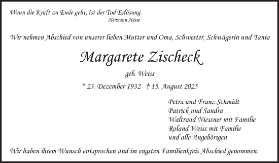 Traueranzeige von Margarete Zischeck von Stuttgarter Zeitung / Stuttgarter Nachrichten