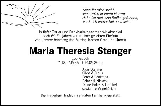 Traueranzeige von Maria Theresia Stenger von Stuttgarter Zeitung / Stuttgarter Nachrichten