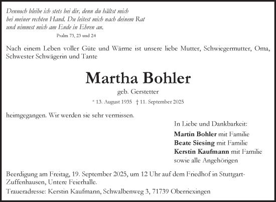 Traueranzeige von Martha Bohler von Stuttgarter Zeitung / Stuttgarter Nachrichten