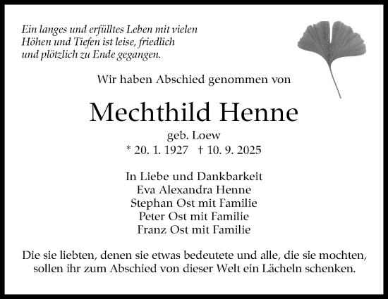Traueranzeige von Mechthild Henne von Stuttgarter Zeitung / Stuttgarter Nachrichten