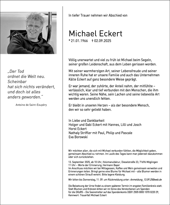 Traueranzeige von Michael Eckert von Stuttgarter Zeitung / Stuttgarter Nachrichten
