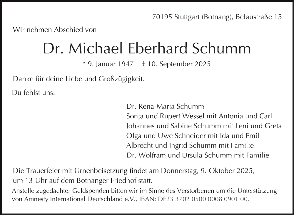 Traueranzeige für Michael Eberhard Schumm vom 20.09.2025 aus Stuttgarter Zeitung / Stuttgarter Nachrichten