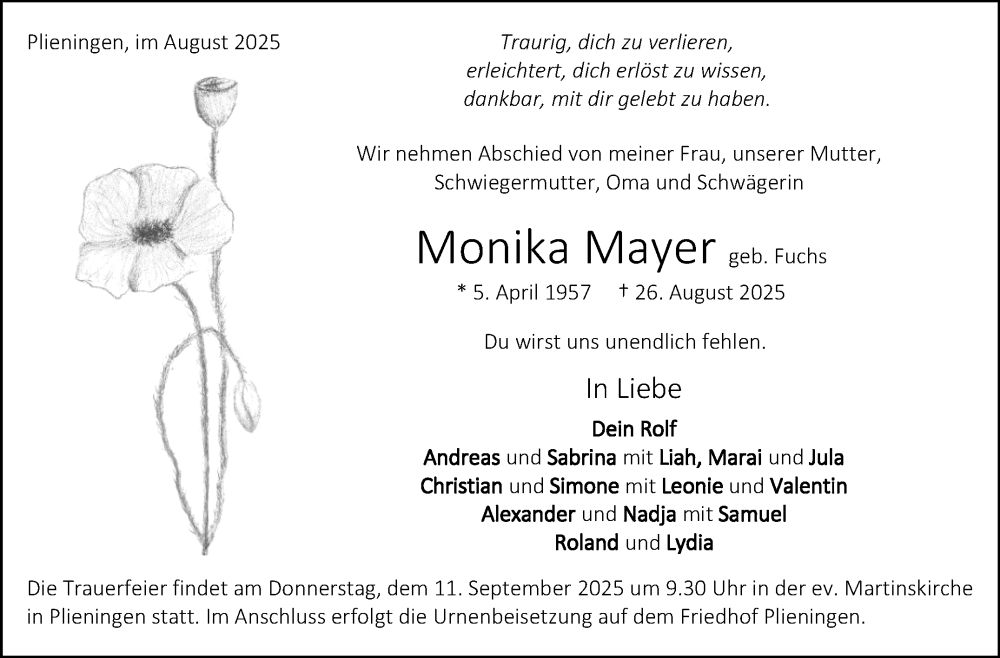  Traueranzeige für Monika Mayer vom 06.09.2025 aus Stuttgarter Zeitung / Stuttgarter Nachrichten
