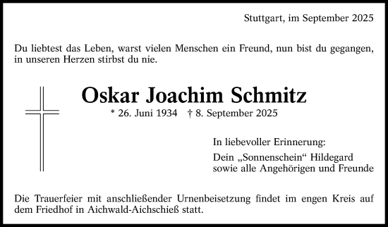 Traueranzeige von Oskar Joachim Schmitz von Stuttgarter Zeitung / Stuttgarter Nachrichten
