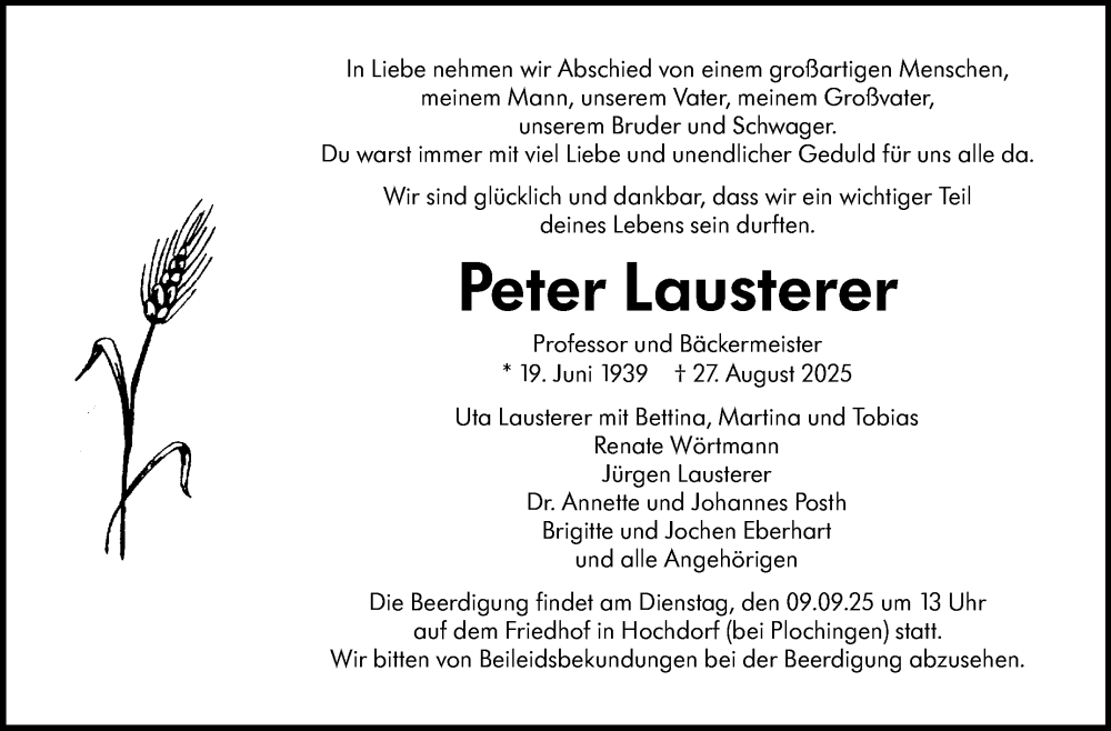  Traueranzeige für Peter Lausterer vom 06.09.2025 aus Stuttgarter Zeitung / Stuttgarter Nachrichten