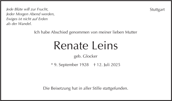 Traueranzeige von Renate Leins von Stuttgarter Zeitung / Stuttgarter Nachrichten