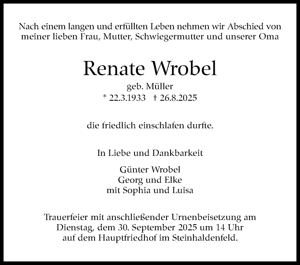  Traueranzeige für Renate Wrobel vom 27.09.2025 aus Stuttgarter Zeitung / Stuttgarter Nachrichten
