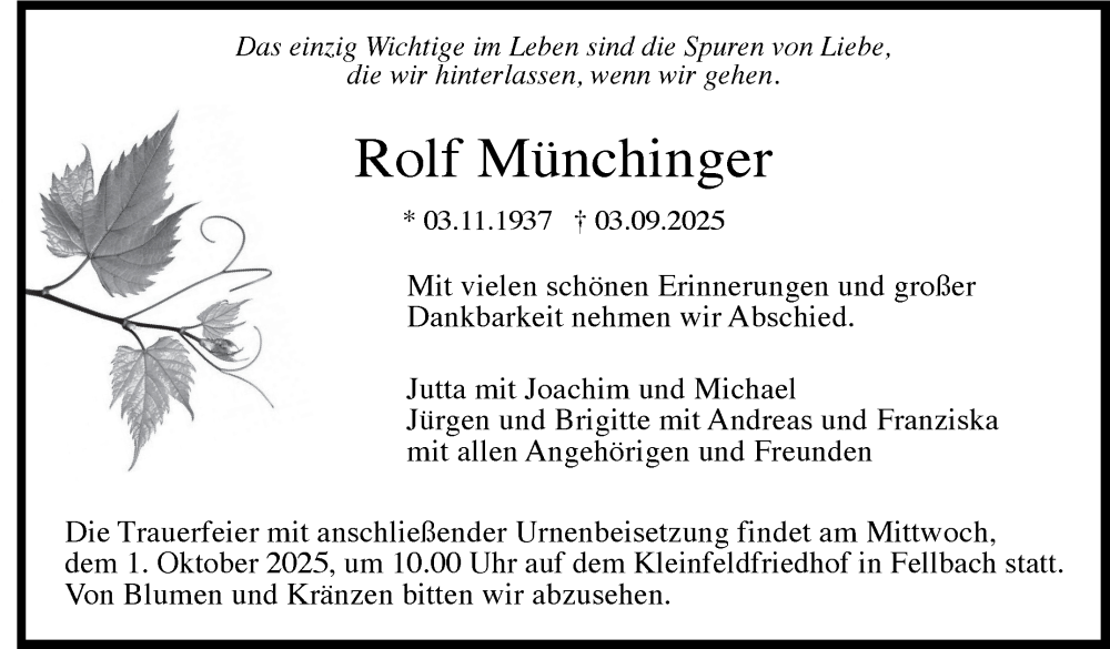  Traueranzeige für Rolf Münchinger vom 12.09.2025 aus Stuttgarter Zeitung / Stuttgarter Nachrichten