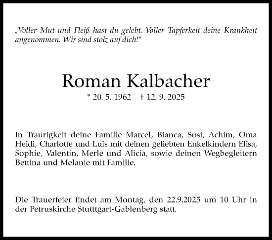 Traueranzeige von Roman Kalbacher von Stuttgarter Zeitung / Stuttgarter Nachrichten