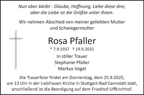 Traueranzeige von Rosa Pfaller von Stuttgarter Zeitung / Stuttgarter Nachrichten