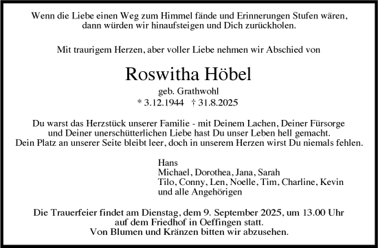 Traueranzeige von Roswitha Höbel von Stuttgarter Zeitung / Stuttgarter Nachrichten