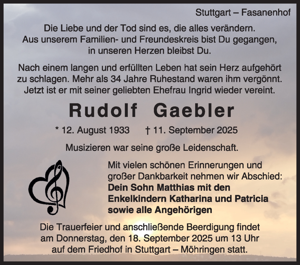  Traueranzeige für Rudolf Gaebler vom 16.09.2025 aus Stuttgarter Zeitung / Stuttgarter Nachrichten