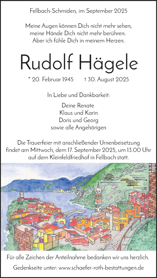 Traueranzeige von Rudolf Hägele von Stuttgarter Zeitung / Stuttgarter Nachrichten
