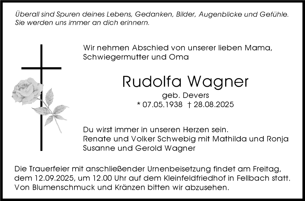  Traueranzeige für Rudolfa Wagner vom 05.09.2025 aus Stuttgarter Zeitung / Stuttgarter Nachrichten