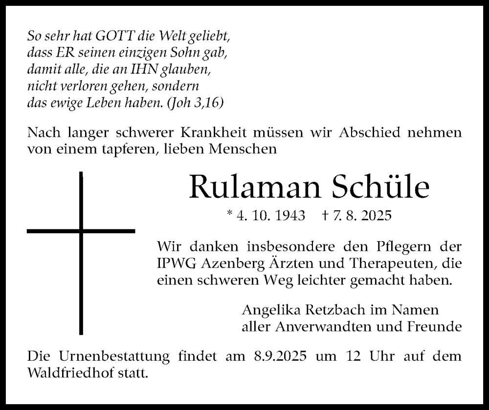  Traueranzeige für Rulaman Schüle vom 03.09.2025 aus Stuttgarter Zeitung / Stuttgarter Nachrichten
