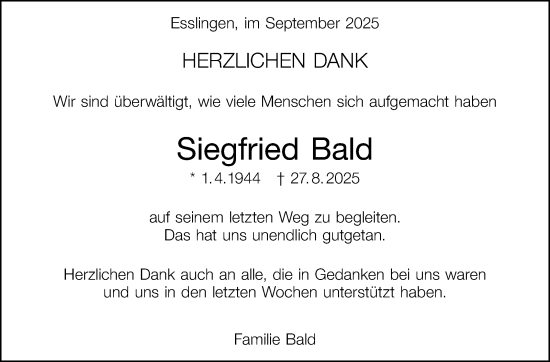 Traueranzeige von Siegfried Bald von Stuttgarter Zeitung / Stuttgarter Nachrichten