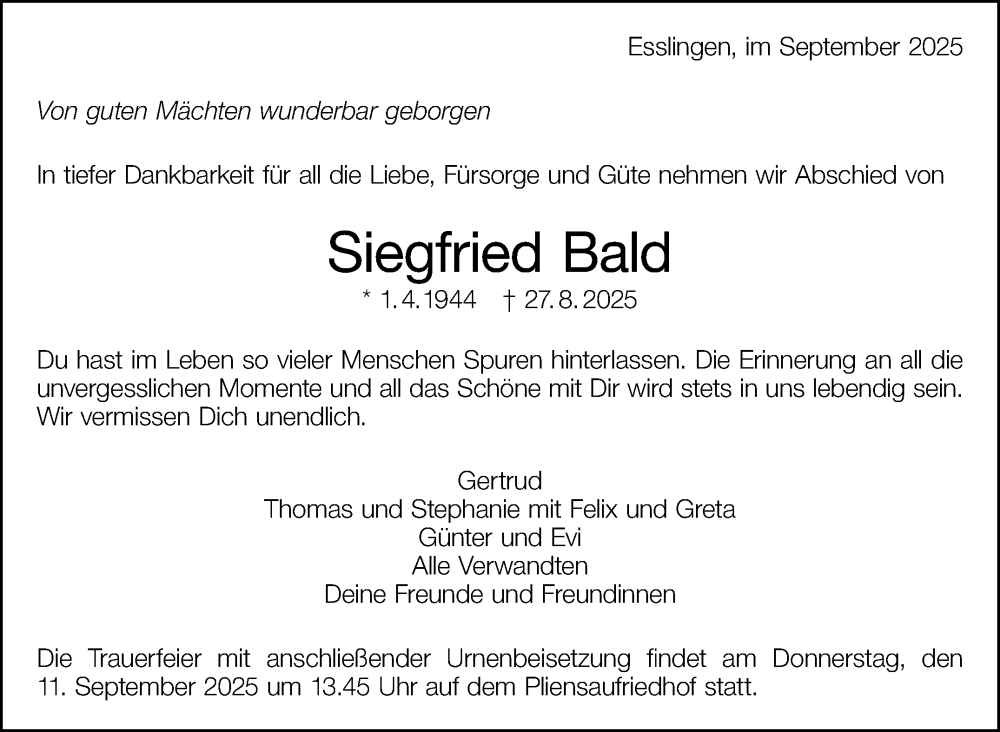  Traueranzeige für Siegfried Bald vom 03.09.2025 aus Stuttgarter Zeitung / Stuttgarter Nachrichten