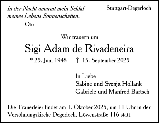 Traueranzeige von Sigi Adam de Rivadeneira von Stuttgarter Zeitung / Stuttgarter Nachrichten