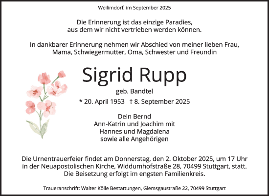 Traueranzeige von Sigrid Rupp von Stuttgarter Zeitung / Stuttgarter Nachrichten