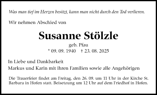Traueranzeige von Susanne Stölzle von Stuttgarter Zeitung / Stuttgarter Nachrichten