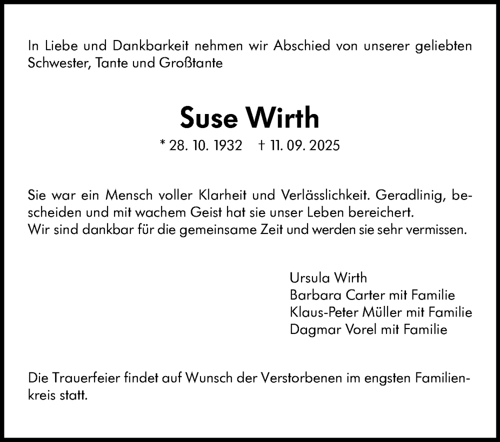  Traueranzeige für Suse Wirth vom 20.09.2025 aus Stuttgarter Zeitung / Stuttgarter Nachrichten