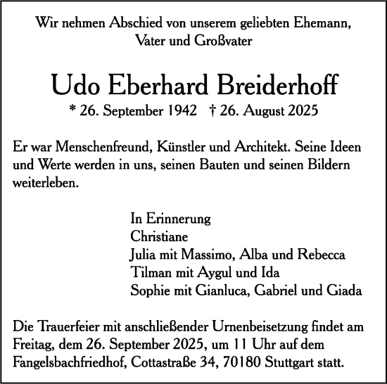 Traueranzeige von Udo Eberhard Breiderhoff von Stuttgarter Zeitung / Stuttgarter Nachrichten