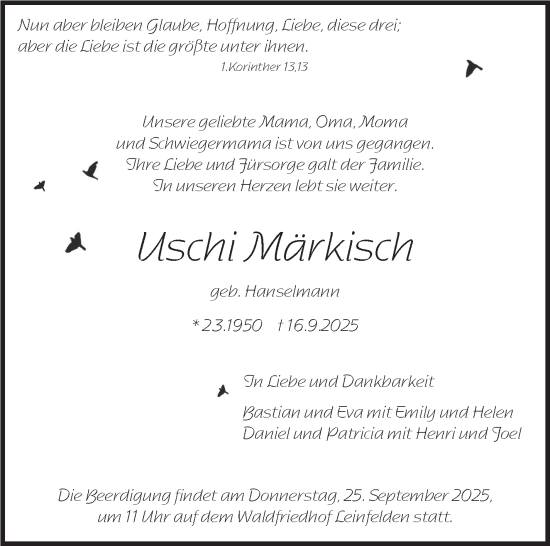 Traueranzeige von Uschi Märkisch von Stuttgarter Zeitung / Stuttgarter Nachrichten