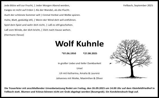Traueranzeige von Wolf Kuhnle von Stuttgarter Zeitung / Stuttgarter Nachrichten