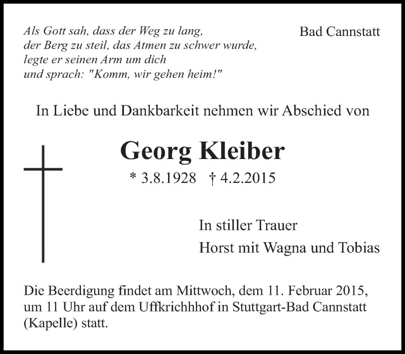  Traueranzeige für Georg Kleiber vom 09.02.2015 aus Eßlinger Zeitung/Cannstatter Zeitung