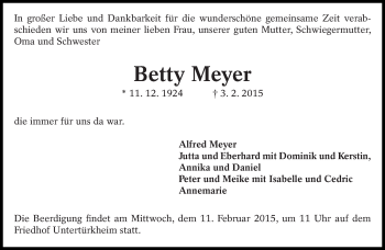 Traueranzeige von Betty Meyer von Eßlinger Zeitung/Cannstatter Zeitung