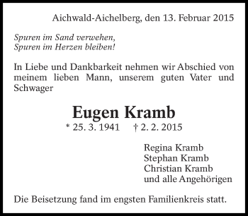 Traueranzeige von Eugen Kramb von Eßlinger Zeitung/Cannstatter Zeitung