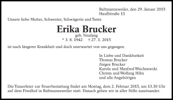 Traueranzeige von Erika Brucker von Eßlinger Zeitung/Cannstatter Zeitung