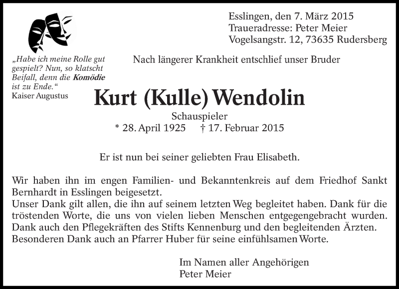  Traueranzeige für Kurt Wendolin vom 07.03.2015 aus Eßlinger Zeitung/Cannstatter Zeitung