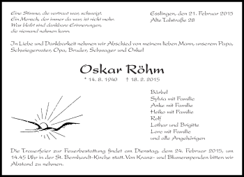 Traueranzeige von Oskar Röhm von Eßlinger Zeitung/Cannstatter Zeitung