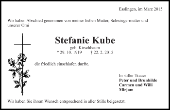 Traueranzeige von Stefanie Kube von Eßlinger Zeitung/Cannstatter Zeitung